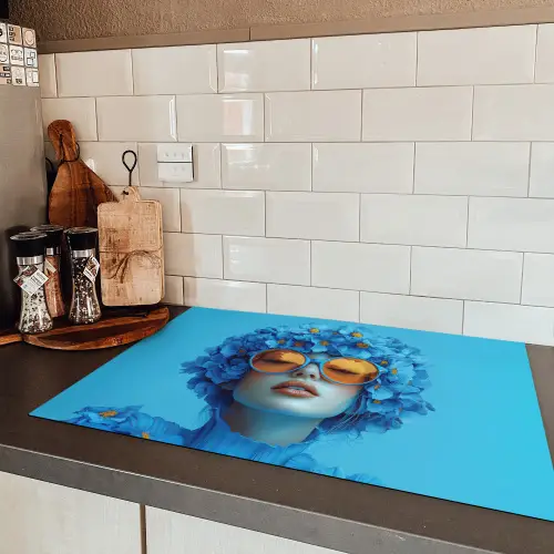 Vrouw - Bloem - Blauw - Modern - Bril - Portret Inductie beschermer vinyl 3mm klein -sfeer3