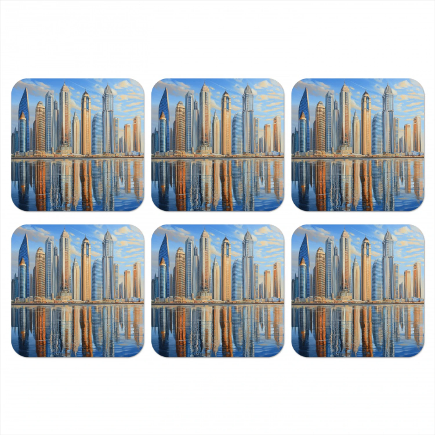 Skyline - Wolkenkrabbers - Water - Blauw onderzetter kurk middel -3d