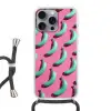 Bananen - Patroon - Blauw - Roze Hoesje iPhone 16 Pro Max met koord klein -3d