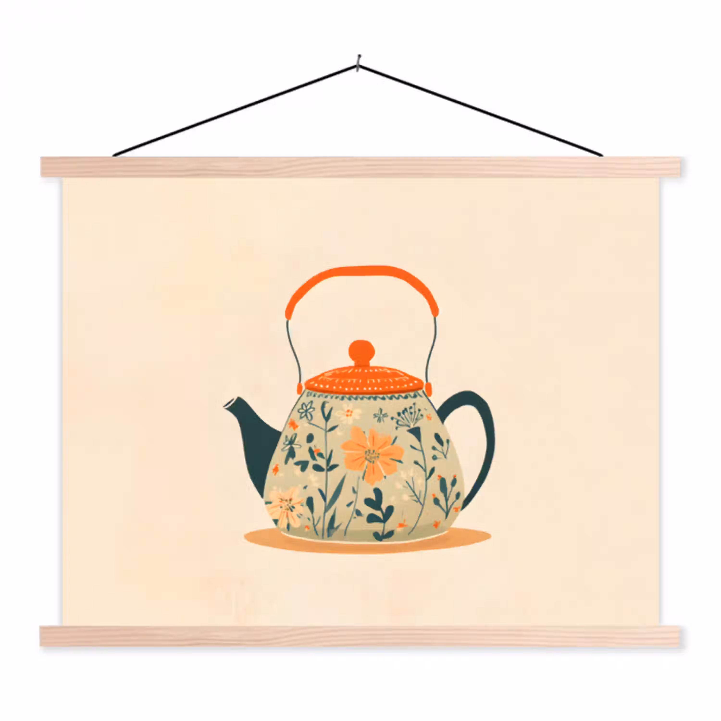 Oranje - Theepot - Bloemen - Bladeren textielposter latten blank klein -3d