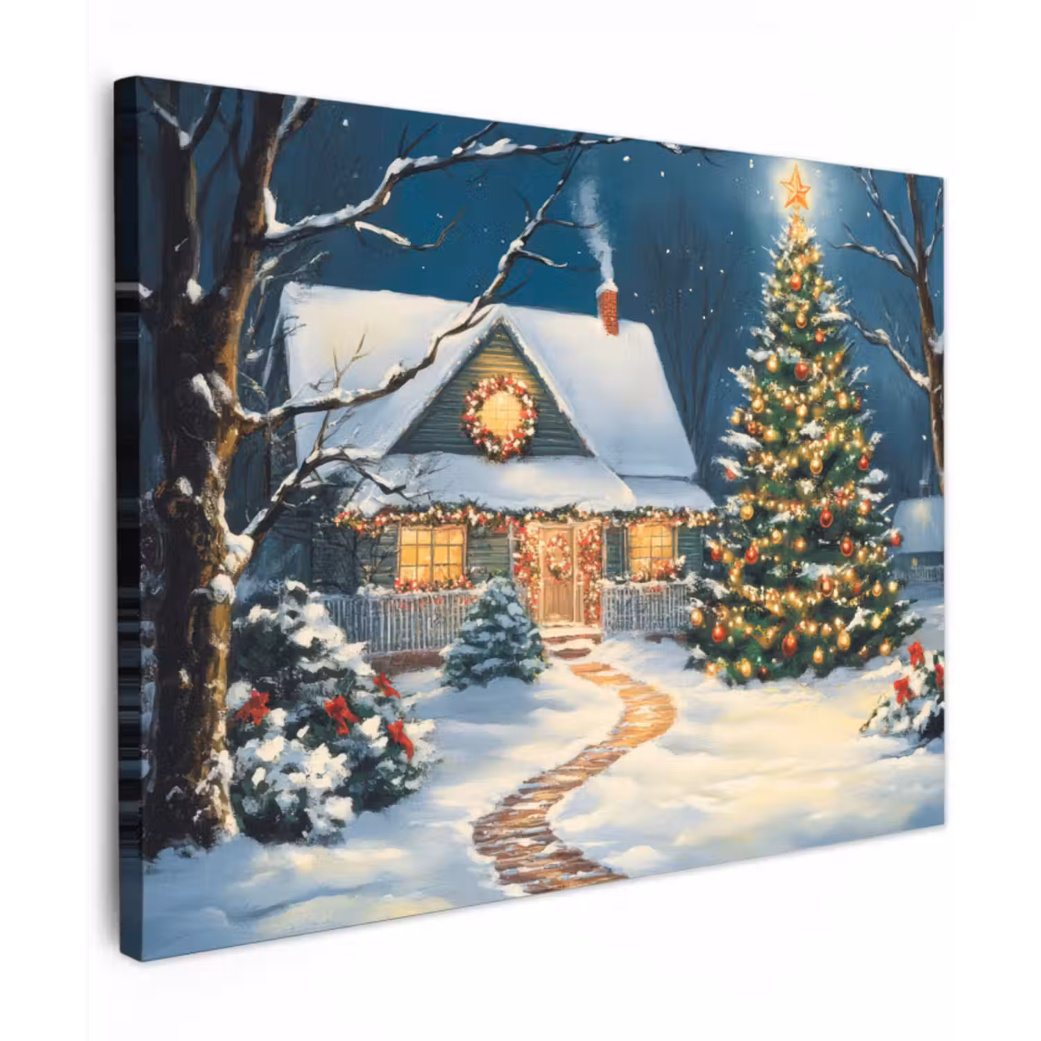 Canvas schilderij - Kerst - Kerstboom - Winter - Huis - Sneeuw