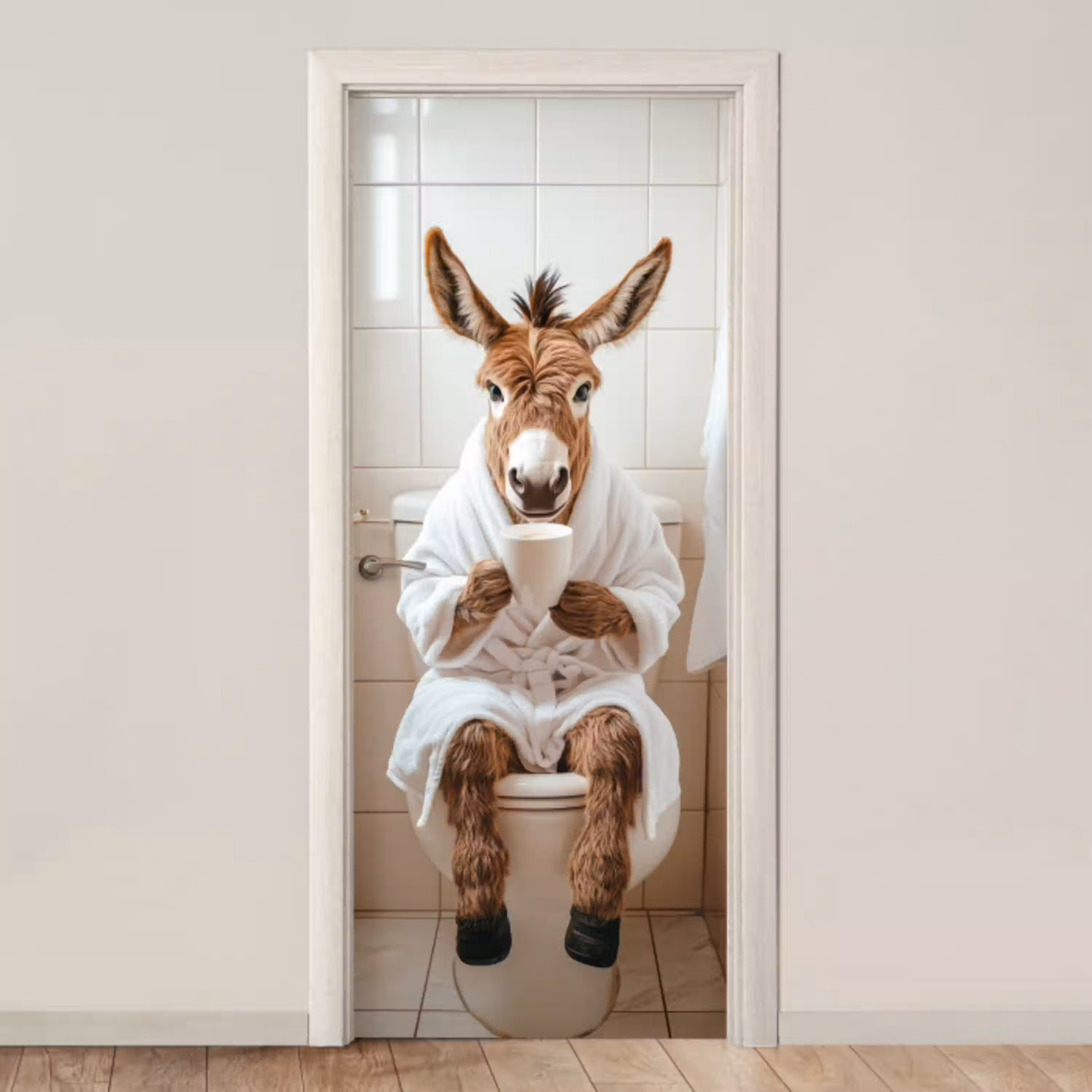 Ezel - WC - Grappig - Badjas - Dier deurposter klein -3d_beige
