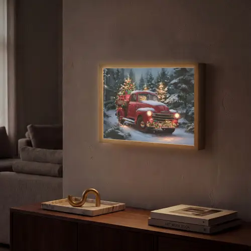 Kersttruck - Sneeuwbos - Rood Light Box met batterij (Wandlamp) middel -sfeer1