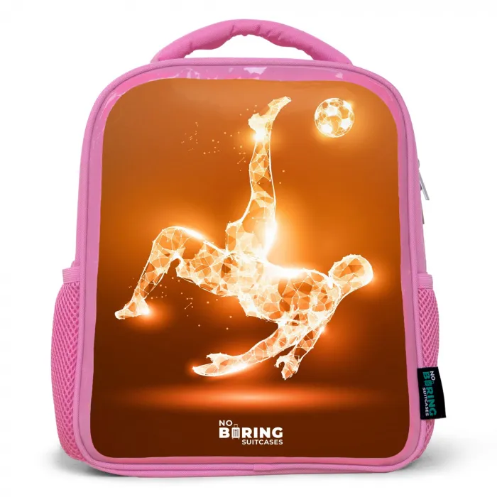 Oranje lichtvoetballer in zweefmoment Kinderrugzak - Roze middel -3d