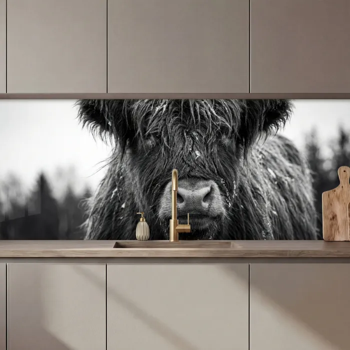 Schotse hooglander - Zwart - Wit - Sneeuwvlokken keuken achterwand 2 middel zz_3dshopping