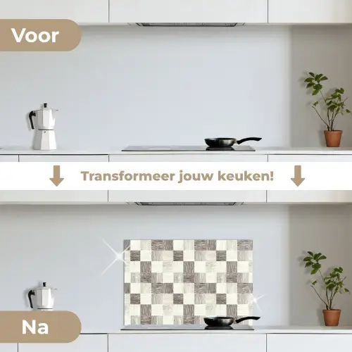 Patroon - Dambord - Houtnerf keuken achterwand spatscherm klein 900 -voor_na_NL