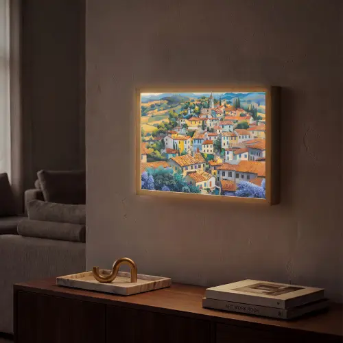 Dorp - Heuvels - Landschap - Bomen Light Box met batterij (Wandlamp) middel -sfeer1
