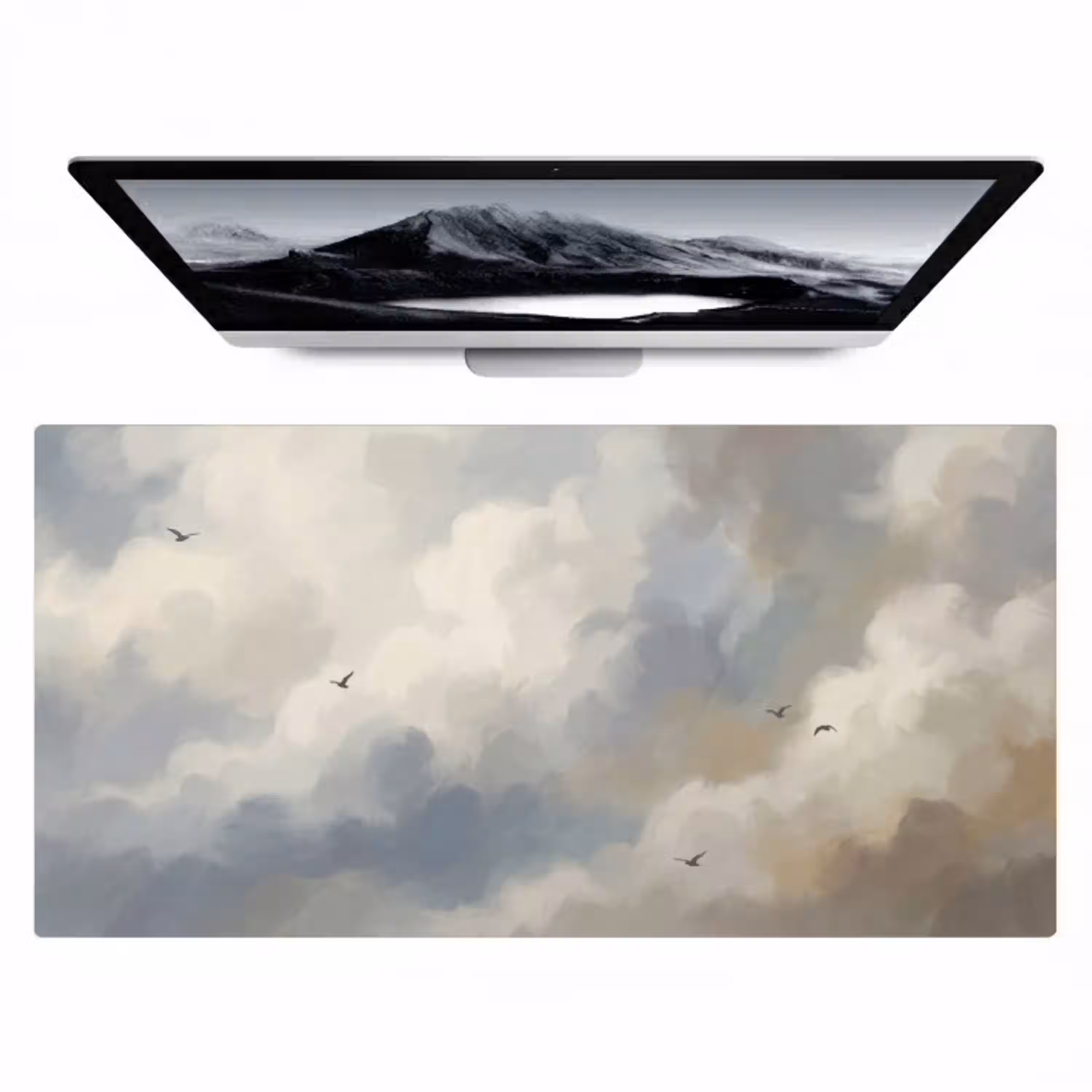 Vogel - Wolken - Natuur - Modern - Grijs Muismat XXL klein -zzz3d