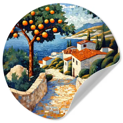 Huizen - Mozaïek - Sinaasappelbomen - Zee Wandcirkel behangsticker klein -3d