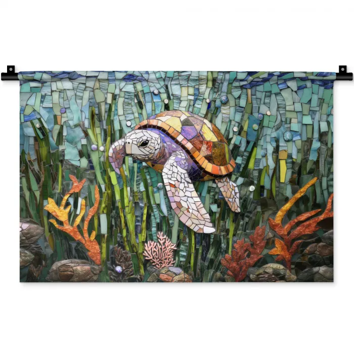 Schildpad - Zeewier - Mozaïek Wandkleed katoen klein -zz3d