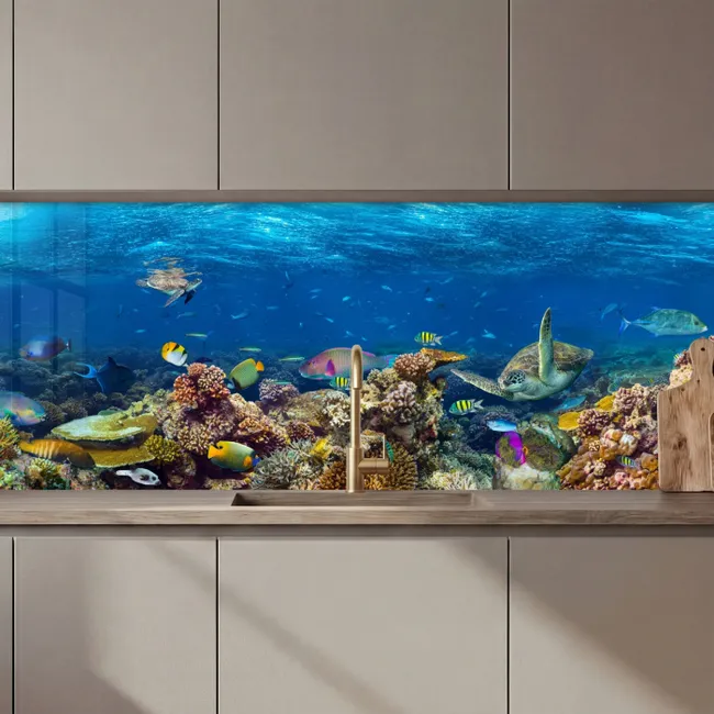 Revestimiento cocina - Paisaje submarino - Pez - Tortuga - Azul