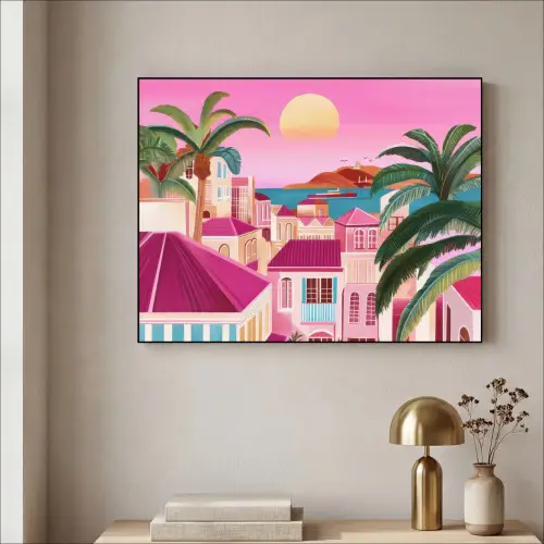Stad - Roze - Palmbomen Textielframe zwart klein -sfeer2