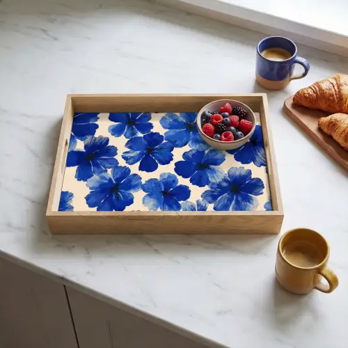 Bloemen - Blauw -Patroon - Wit Dienblad Rechthoek middel -sfeer2
