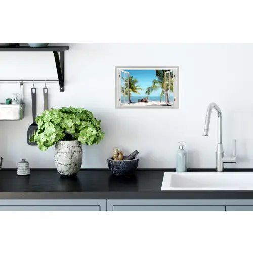 Doorkijk - Strand - Palmboom - Boot - Tropisch - Zee - Blauw Muursticker klein -keuken