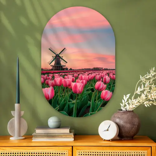 Tulpen - Molen - Nederland Wandcirkel Ovaal Glas middel -sfeer2