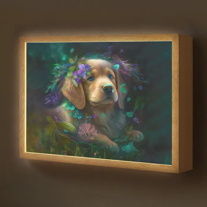 Hond - Puppy - Bloemen - Natuur - Golden retriever Light Box met batterij (Wandlamp kind) middel -z3d_website