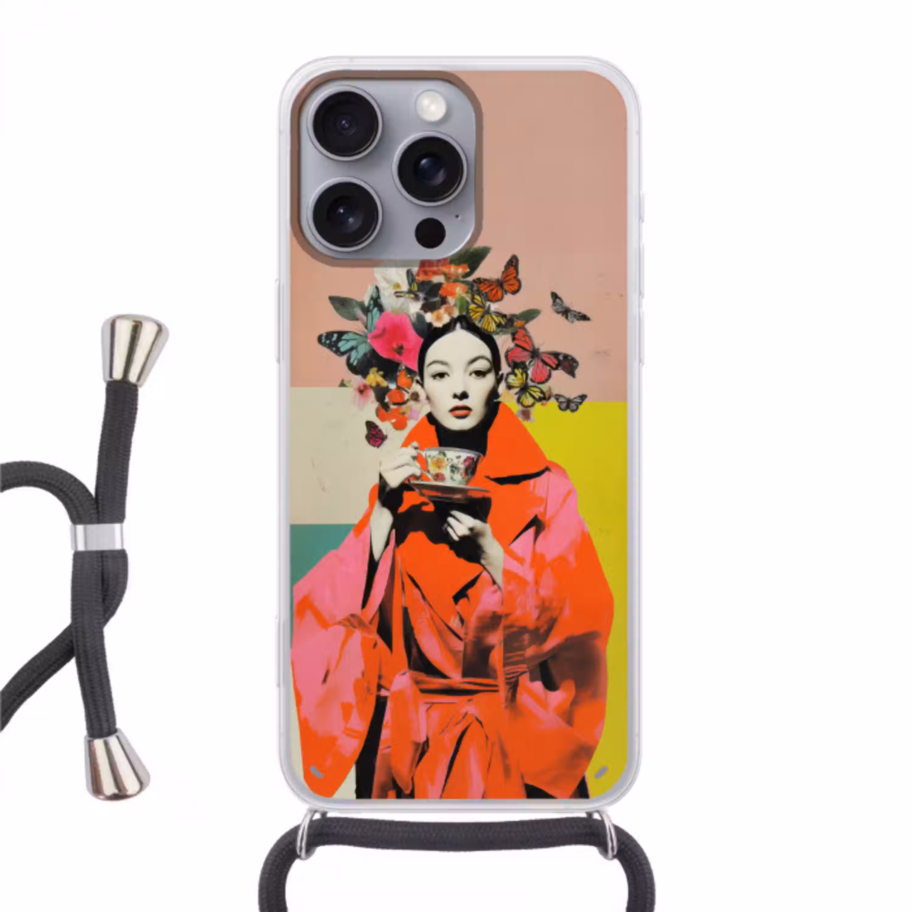 Retro - Vrouw - Kopje - Vlinders Hoesje iPhone 16 Pro Max met koord klein -3d