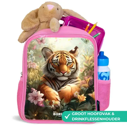 Tijger in bloemenveld met vlinders en zonlicht Kinderrugzak - Roze middel -inhoud_NL