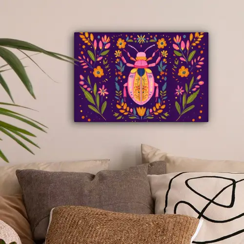 Kever - Felgekleurd - Bloemen - Bladeren canvas 2cm klein -sfeer1