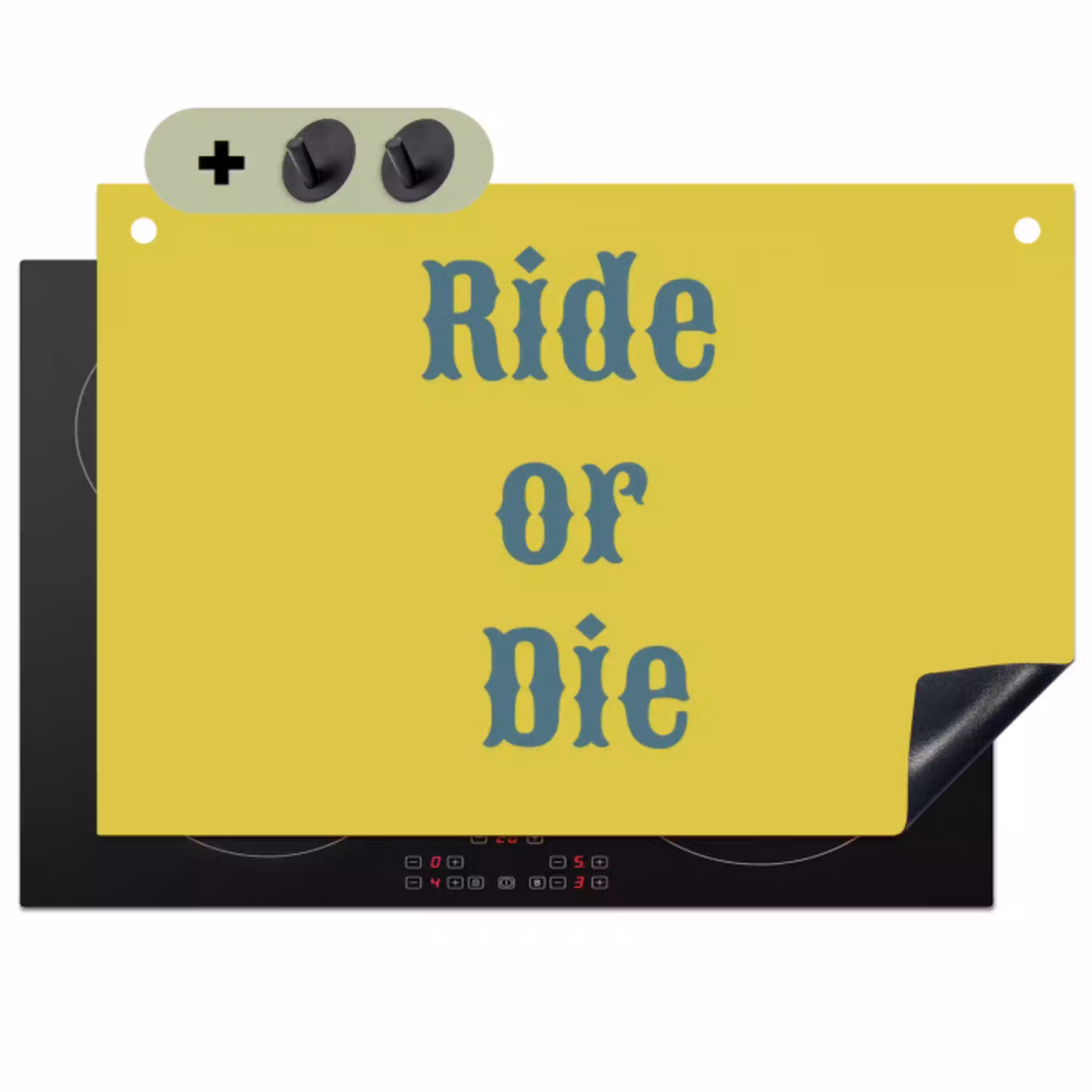 Ride or die - Geel - Blauw Inductie beschemer met haakjes klein -3d