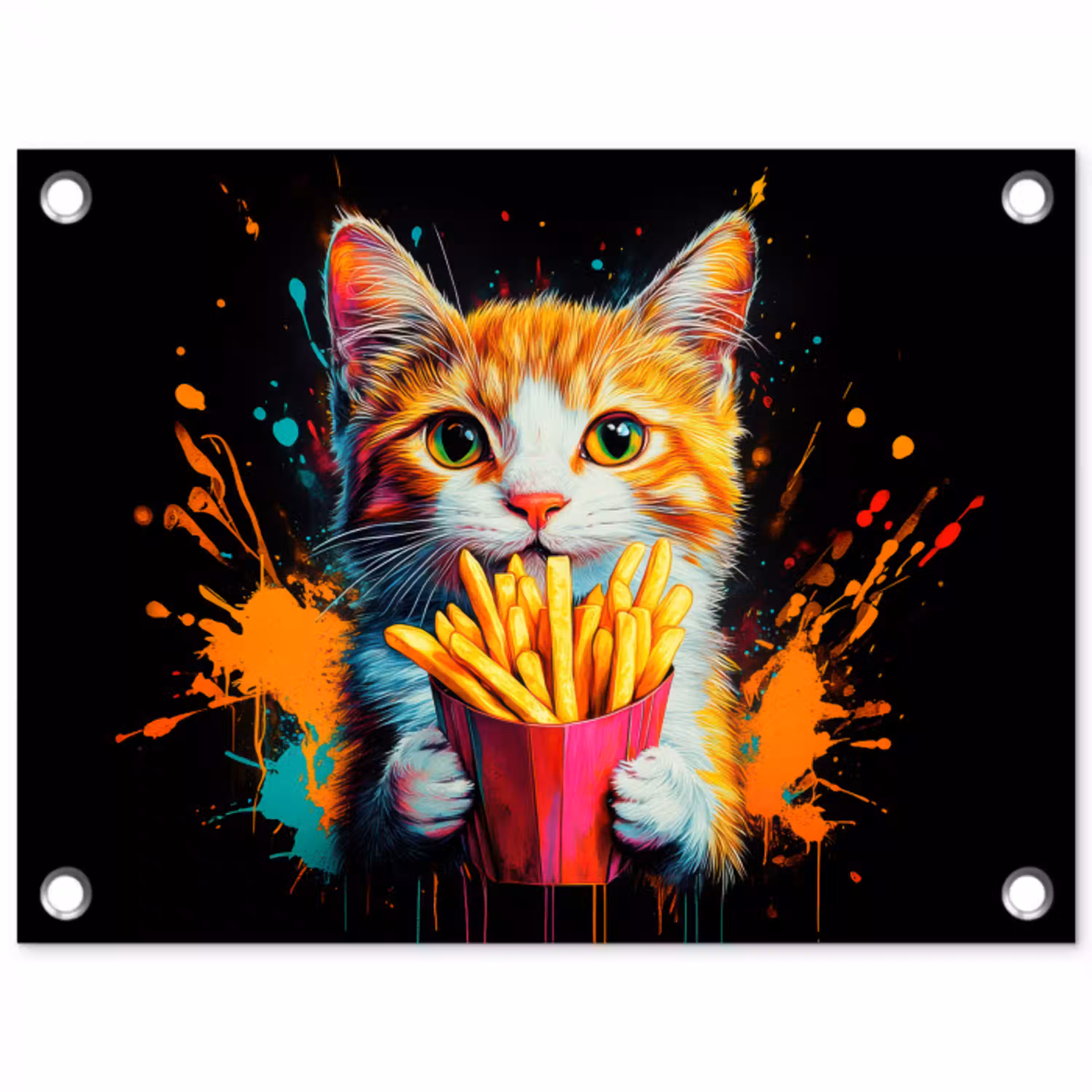 Kat - Eten - Patat - Graffiti - Abstract tuinposter los doek klein -3d