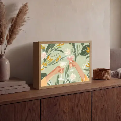 Glazen - Proosten - Bladeren - Groen Light Box met batterij (Wandlamp) middel -sfeer2