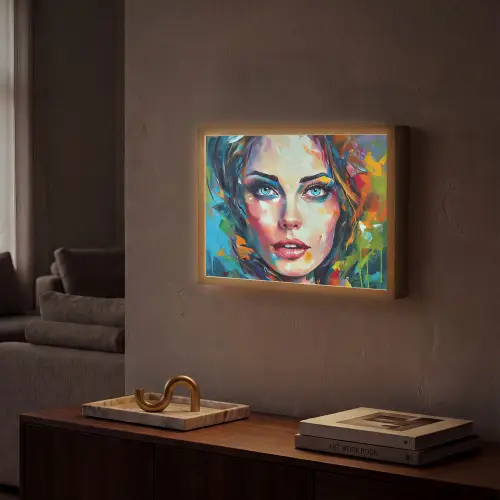 Gezicht - Vrouw - Olieverf - Kleurrijk - Kunst Light Box met batterij (Wandlamp) middel -sfeer1