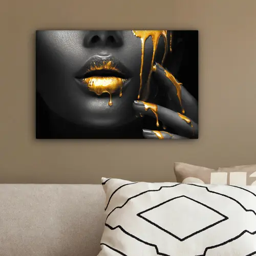 Vrouw - Zwart - Goud - Gezicht - Lippen canvas 2cm klein -sfeer3