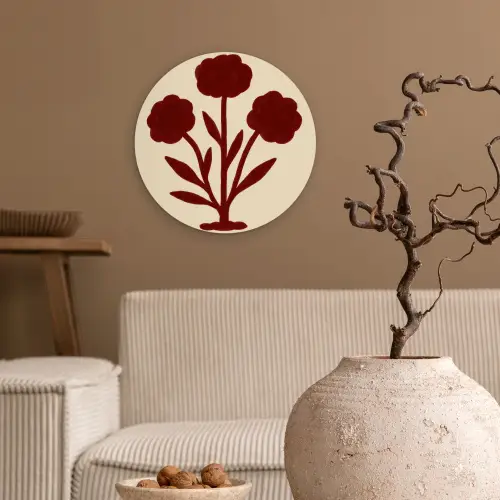 Bloemen - Bladeren - Rood - Minimalistisch Wandcirkel kunststof plaat 5mm dik klein -sfeer1