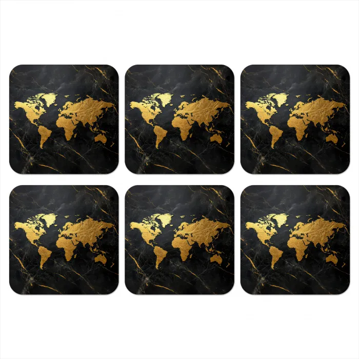 Wereldkaart - Goud - Marmer onderzetter kurk middel -3d