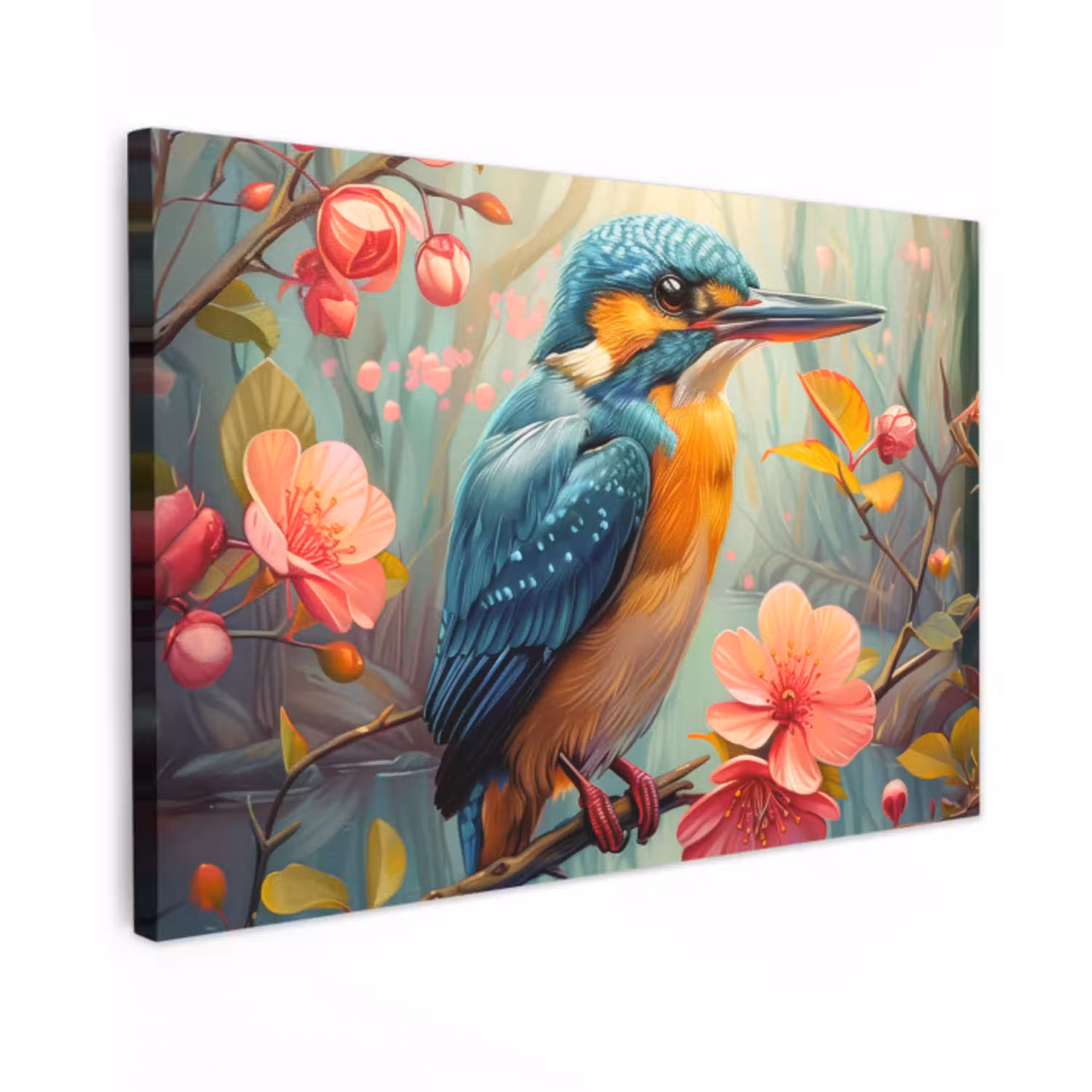 IJsvogel - Bloesem - Natuur - Vogels - Bloemen Tuinposter op houten frame 2 cm dik klein -3d
