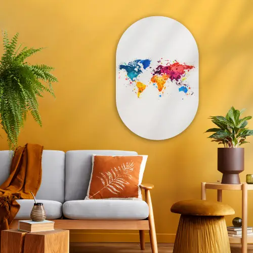 Wereldkaart - Graffiti - Kleurrijk Wandcirkel Ovaal Glas middel -sfeer4