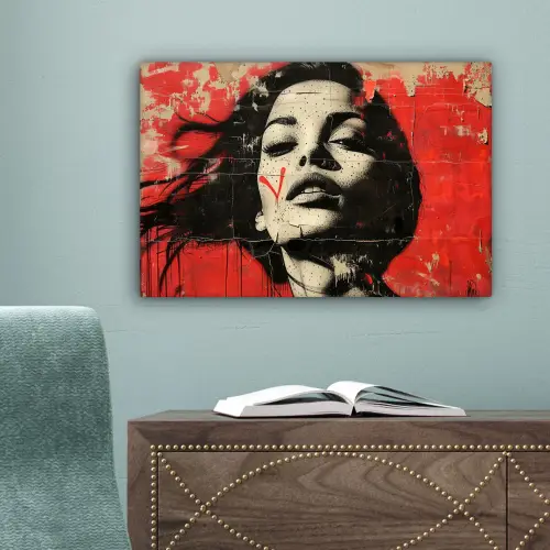 Graffiti - Vrouw - Rood - Street art - Banksy canvas 2cm klein -sfeer4