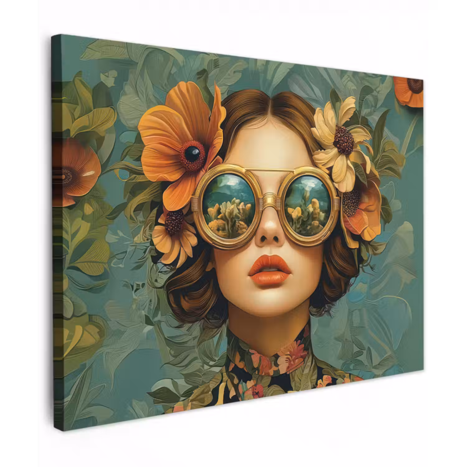 Tableau sur toile - Femme - Fleurs - Papillons - Nature - Vintage