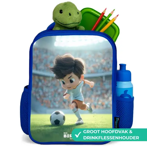 Jongen - Voetbal - Stadion - Zonlicht Kinderrugzak - Blauw middel -inhoud_NL
