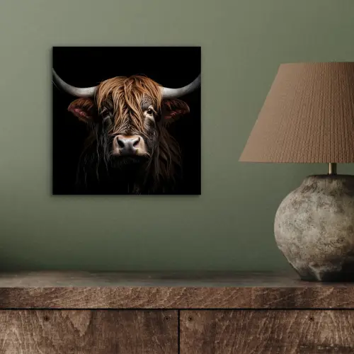 Schotse hooglander - Portret - Zwart - Dier aluminium wit klein -sfeer2