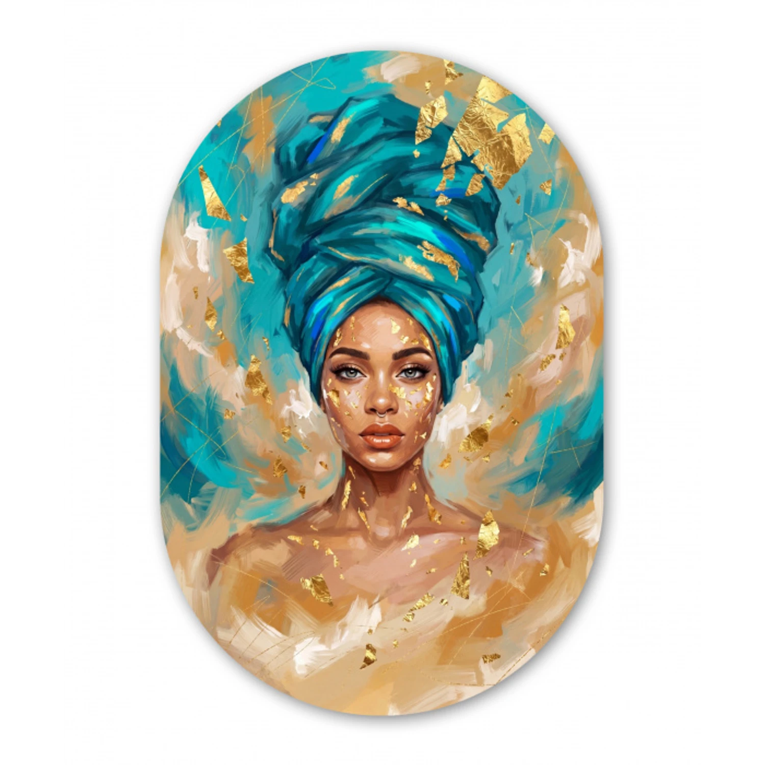 Portret - Vrouw - Schilderij - Blauw - Goud - Expressief Wandcirkel Ovaal Forex klein -3d