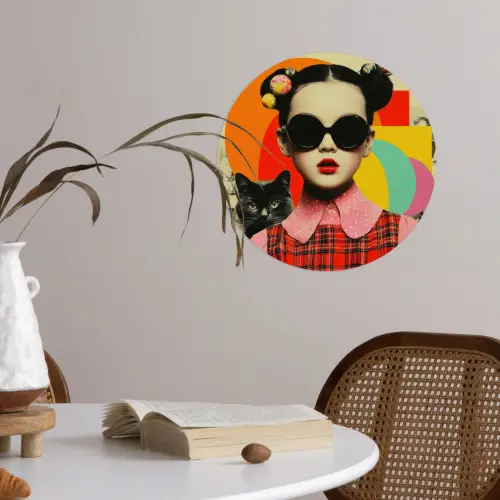 Meisje - Zonnebril - Kat - Retro Wandcirkel behangsticker klein -sfeer3