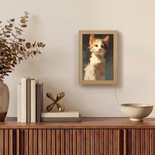 Kat - Geschilderd - Artistiek - Wit Light Box met kabel (Tafellamp) klein -sfeer2