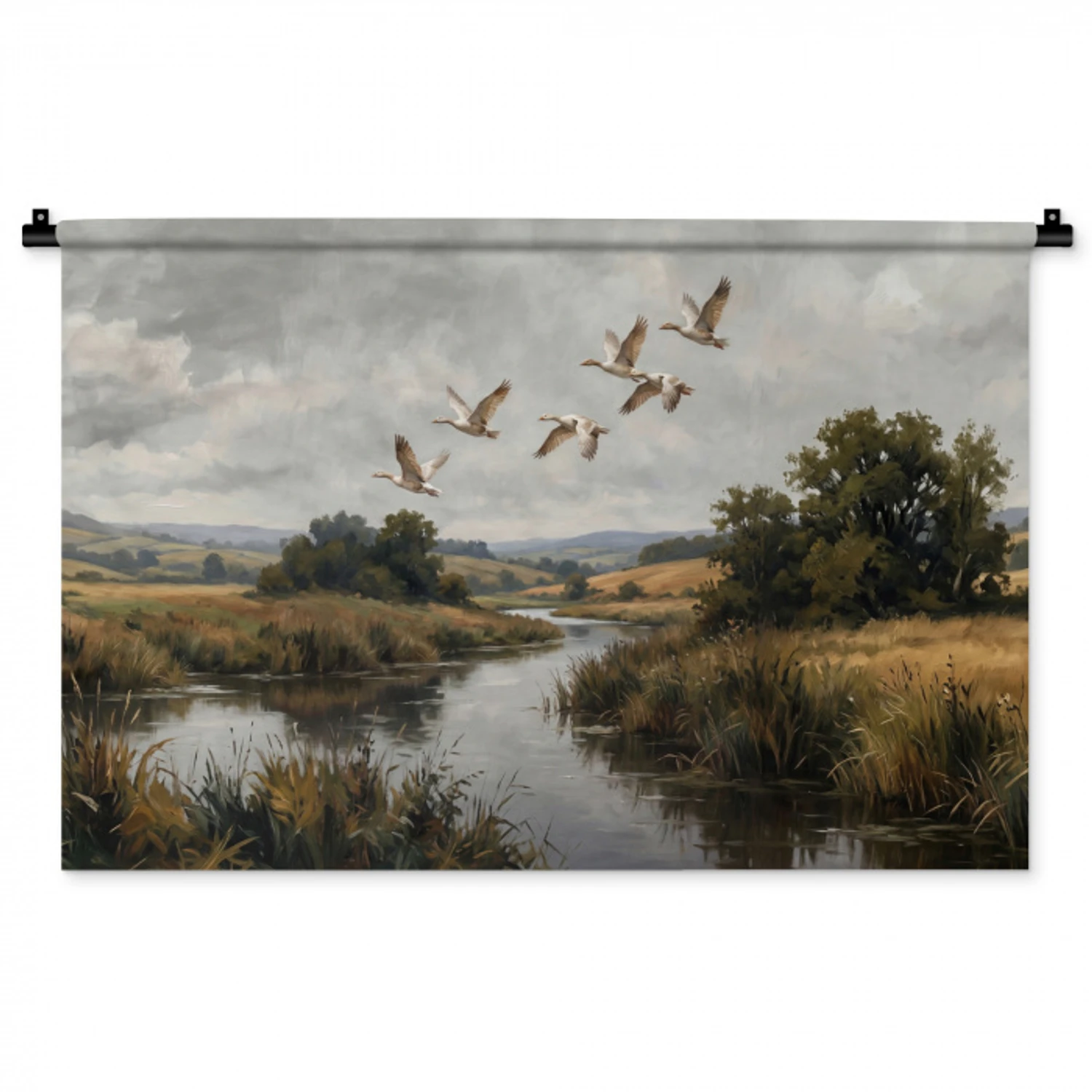 Eenden - Rivier - Landschap - Vlucht - Nostalgisch Wandkleed katoen middel -zz3d