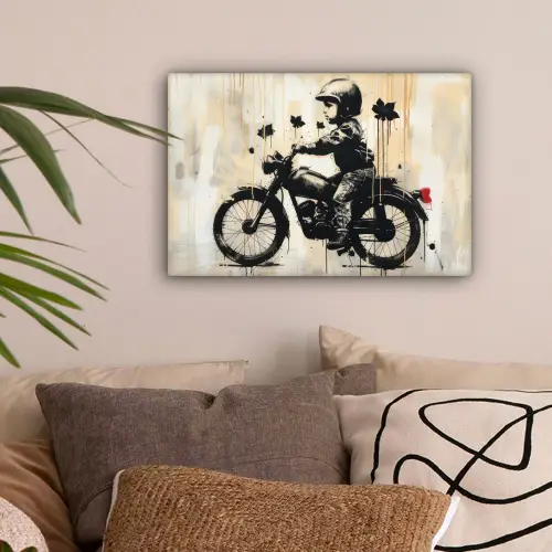 Vintage - Street art - Motor - Jongen - Graffiti - Zwart - Banksy canvas 2cm klein -sfeer1