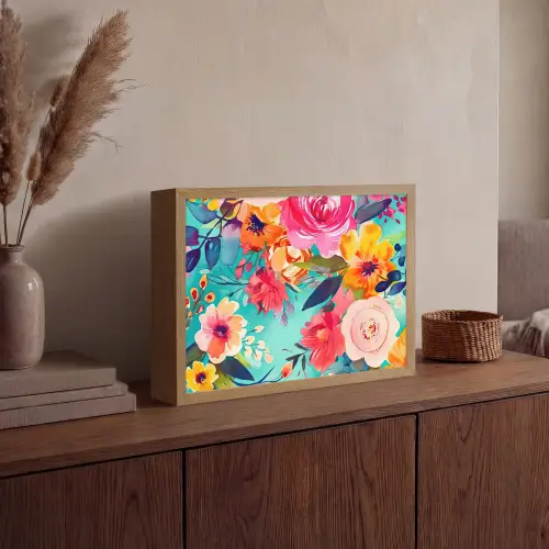 Bloemen - Olieverf - Kleurrijk - Natuur Light Box met batterij (Wandlamp) middel -sfeer2