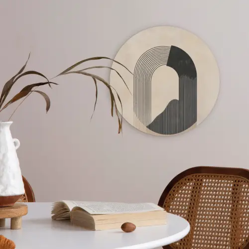 Grafisch gebogen motief - Beige Akoestische PET Vilt - Rond klein -sfeer3