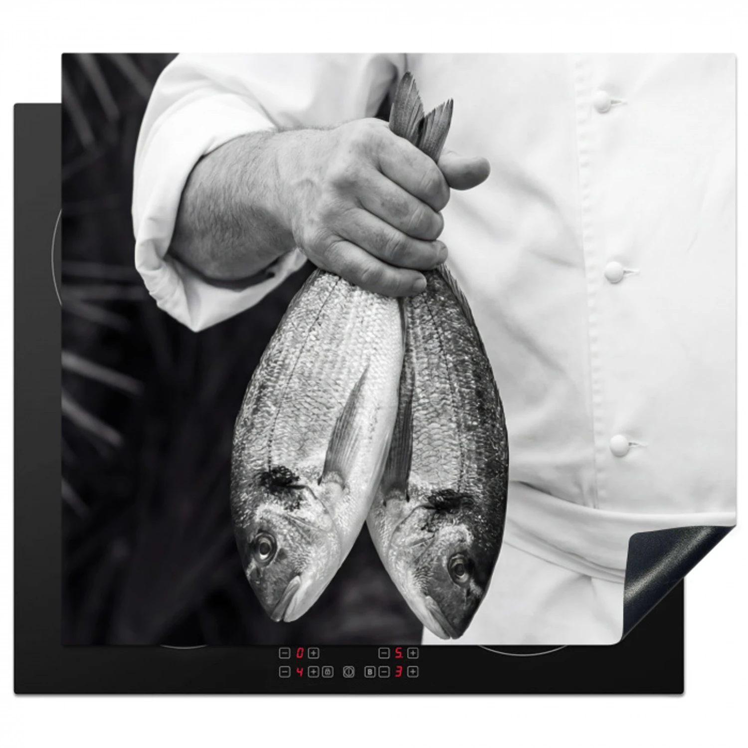 Vissen - Chef - Zwart - Wit Inductie beschermer vinyl 3mm middel -3d