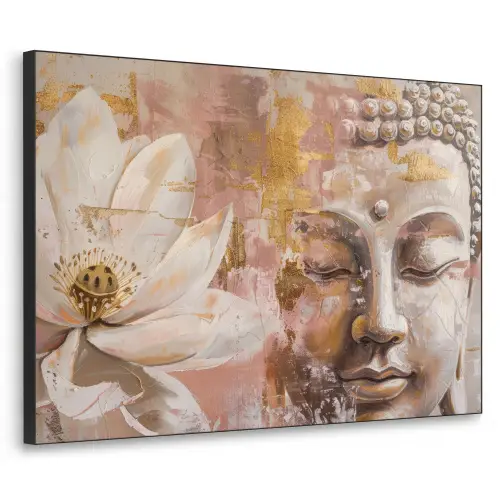 Buddha - Bloem - Goud - Roze - Abstract Textielframe - compleet frame klein -3d