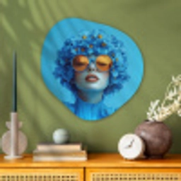 Vrouw - Bloem - Blauw - Modern - Bril - Portret Wandcirkel Organisch Plexiglas middel -sfeer2