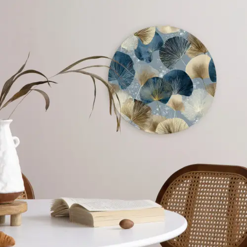 Bladeren - Abstract - Goud - Blauw Wandcirkel kunststof plaat 5mm dik klein -sfeer4
