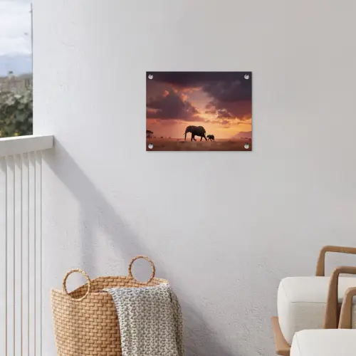 Olifanten - Grasland - Zonsondergang tuinposter los doek klein -sfeer8
