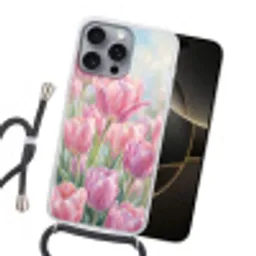 Tulpen - Veld - Lente - Roze Hoesje iPhone 16 Pro Max met koord klein -sfeer1