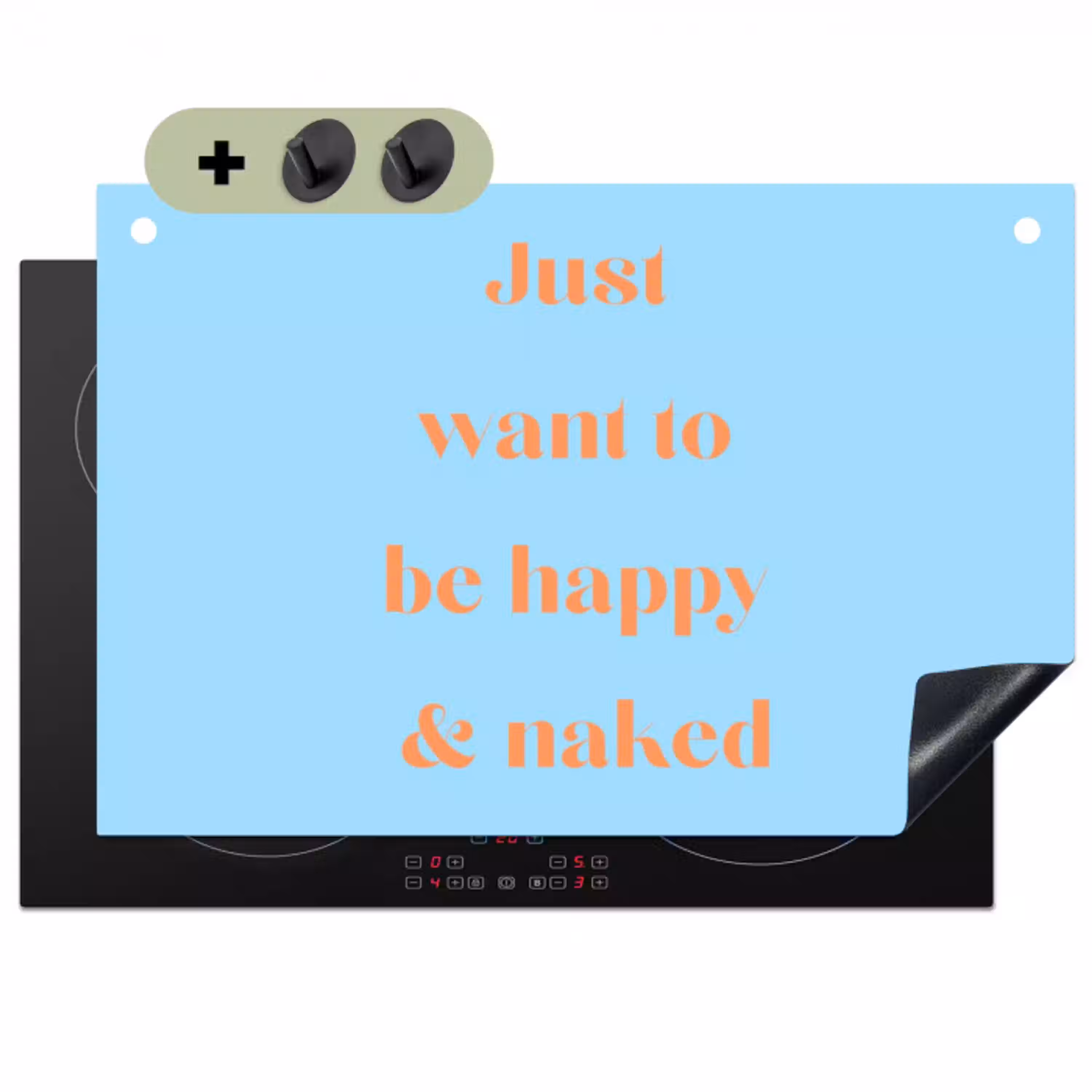 Blauw - Oranje - Just want to be happy & naked Inductie beschemer met haakjes klein -3d